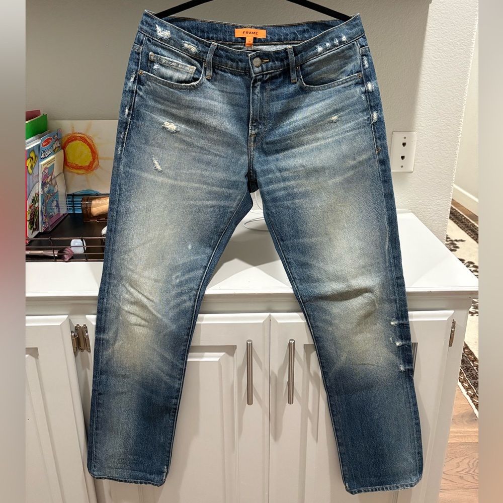 Frame size 31 slim tapered men’s made in USA distressed denim